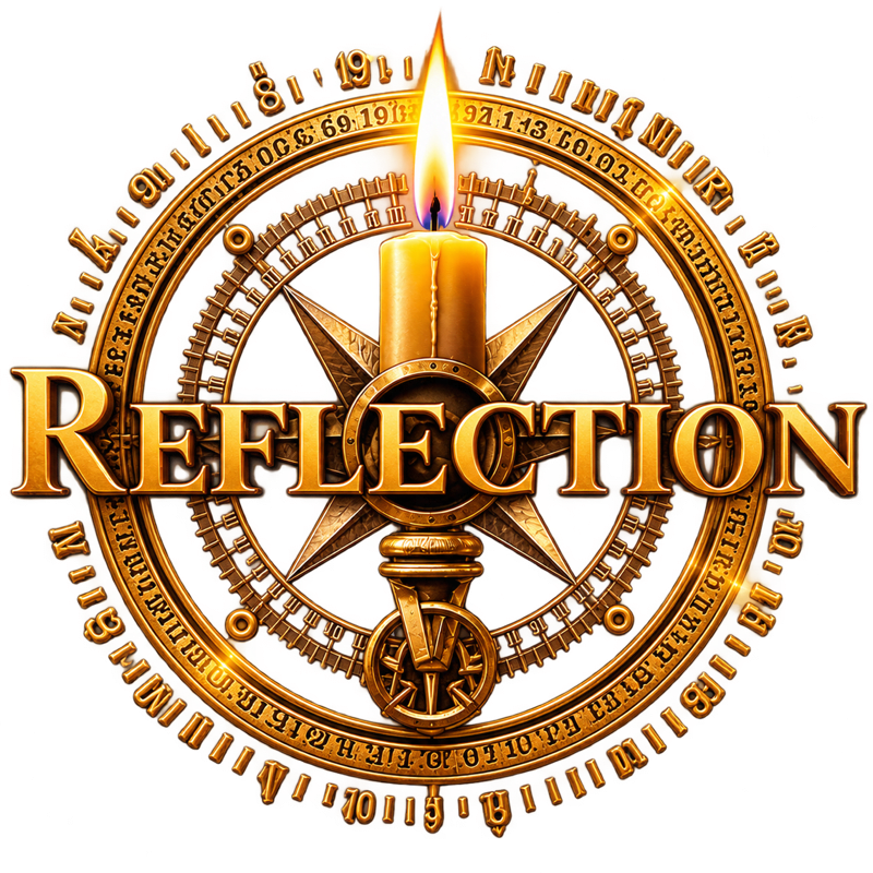 The word "REFLECTION" in bold gold letters sits in the foreground against a background of a lit candle centered within an intricate golden celestial compass.