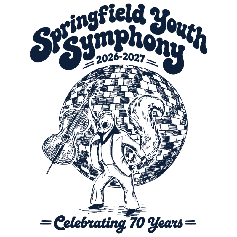 An anthropomorphic squirrel in a suit plays a cello in front of a large disco ball, with "Springfield Youth Symphony" text above and "Celebrating 70 Years" below.