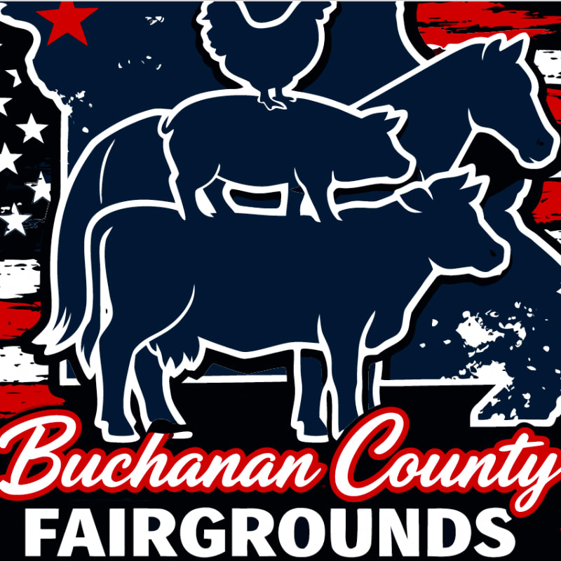 Silhouettes of a cow, pig, horse, and chicken stand above the text "Buchanan County FAIRGROUNDS" against a distressed American flag background.