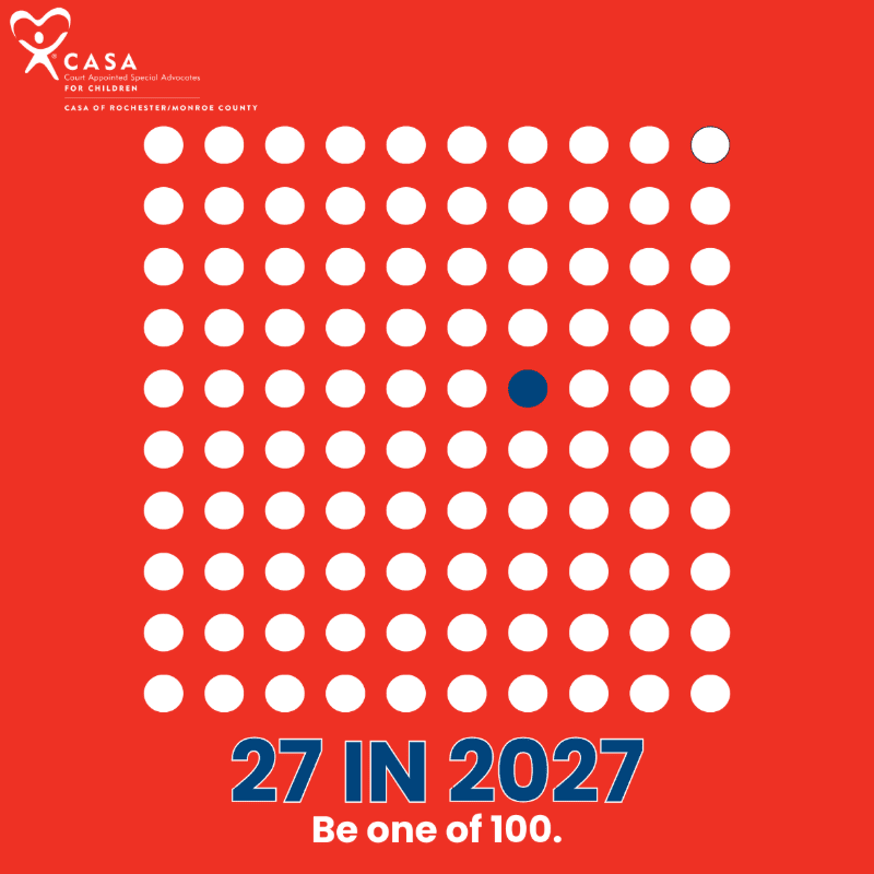 A grid of white dots with one blue dot in the center and a single white dot offset at the top right sits against a red background featuring the CASA logo and the text "27 IN 2027 Be one of 100."