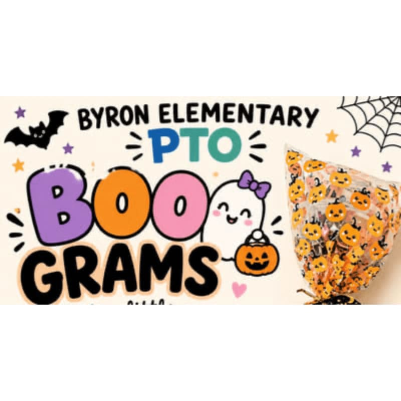 A colorful "Boo Grams" flyer for Byron Elementary PTO featuring a ghost and bat sits behind a clear bag filled with pumpkin-themed candies.