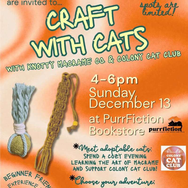 An event flyer for "Craft With Cats" features macrame crafts in the foreground against a vibrant orange and yellow gradient background with event details.
