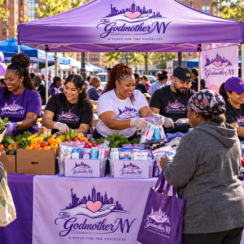 Volunteers under a purple canopy distribute food and supplies to a woman in the foreground, with a crowded outdoor event and city buildings in the background.