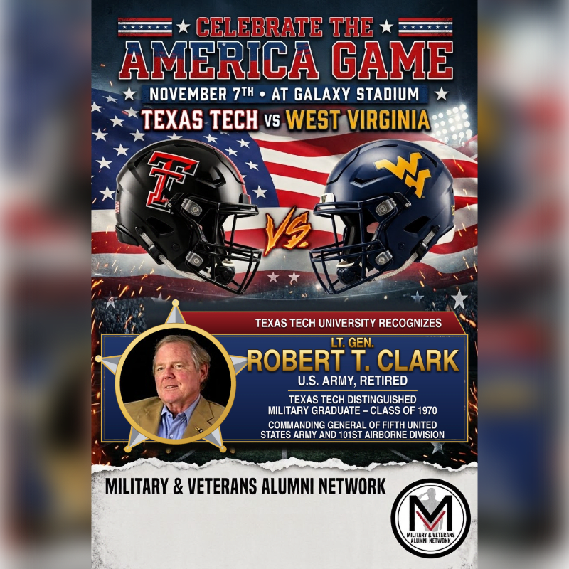 Two football helmets face each other in the foreground against a background featuring the American flag and a tribute to Lt. Gen. Robert T. Clark.