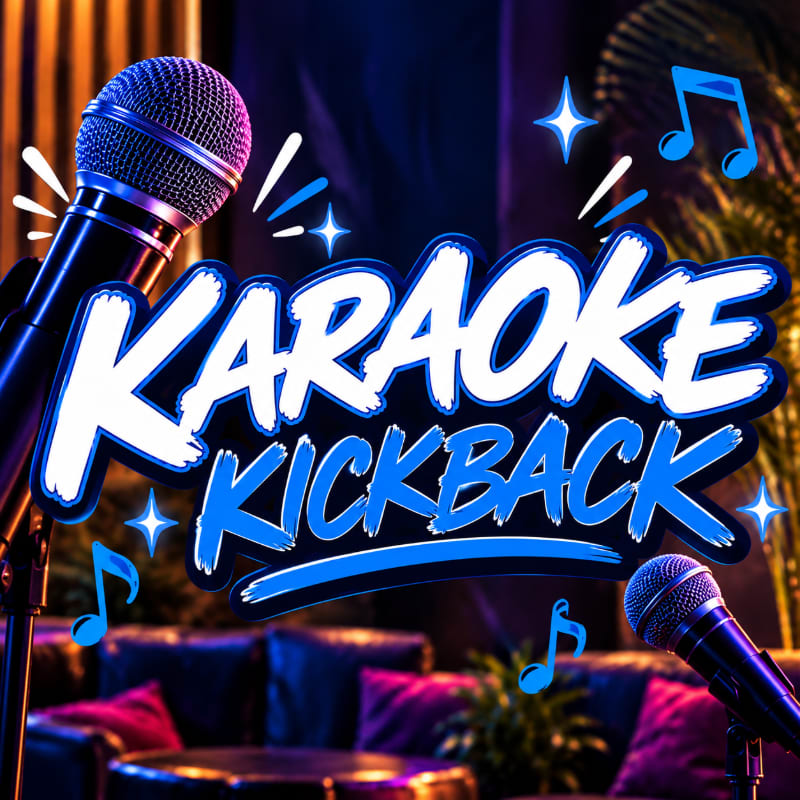 Two microphones frame the bold "KARAOKE KICKBACK" text in the foreground, set against a dimly lit lounge background with blue and purple lighting.