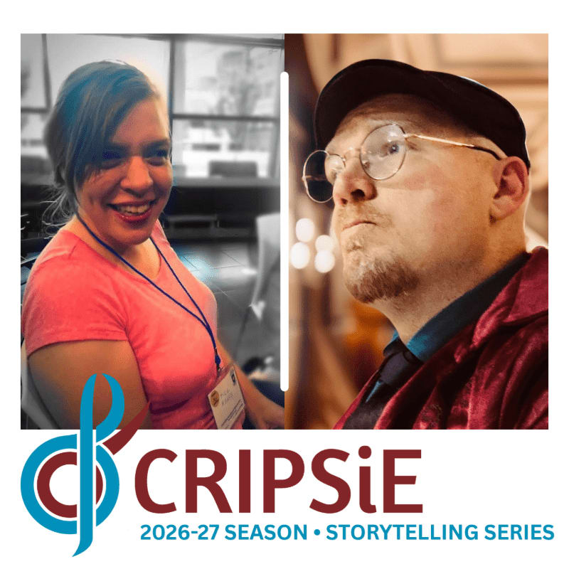 A smiling woman in a pink shirt and a man with glasses and a cap are featured in side-by-side portraits above a "CRIPSiE" storytelling series logo.