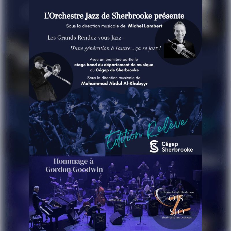 A promotional poster for a jazz concert features portraits of conductors and photos of orchestras against a dark blue background with white and gold text.