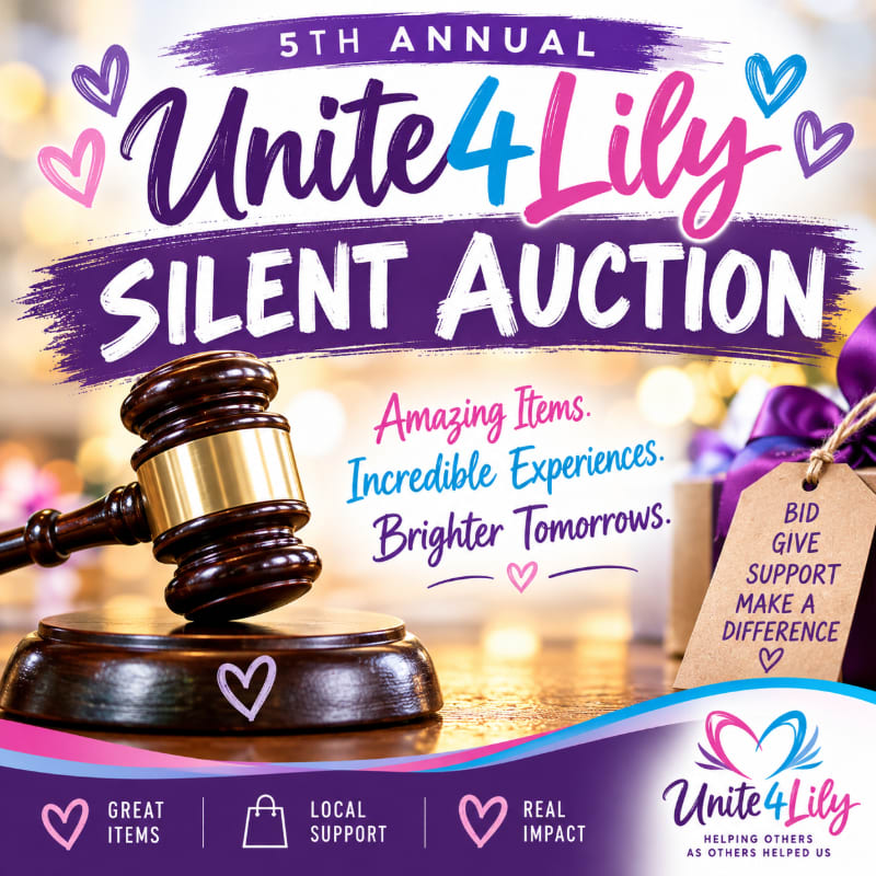 A wooden gavel rests on a sound block in the foreground, set against a blurred background of golden lights and promotional text for the 5th Annual Unite4Lily Silent Auction.