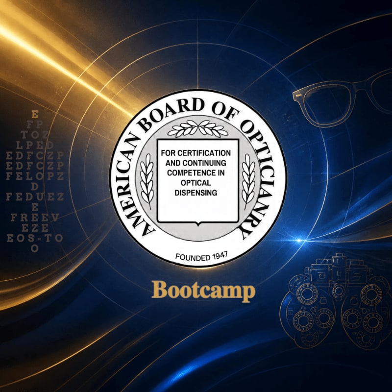 A central seal for the American Board of Opticianry and the word "Bootcamp" are set against a dark blue abstract background featuring an eye chart, glasses, and optical equipment.