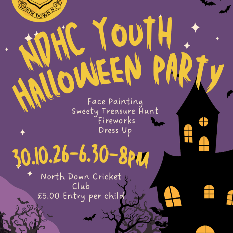 Yellow text announcing an NDH C Youth Halloween Party sits in the foreground against a purple background featuring a spooky black silhouette of a haunted house and bats.