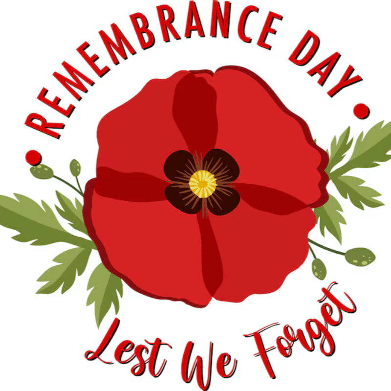 A large red poppy with green leaves is centered against a plain white background, framed by the text "REMEMBRANCE DAY" above and "Lest We Forget" below.