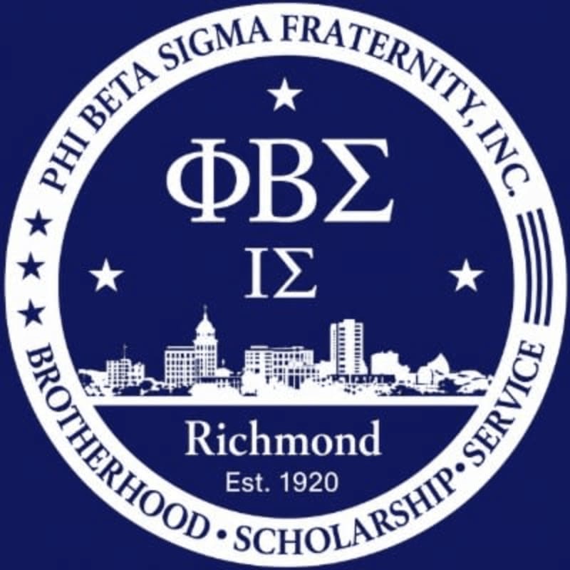 A circular emblem with the Phi Beta Sigma Fraternity, Inc. name and Greek letters in the foreground, set against a silhouette of the Richmond skyline in the background.