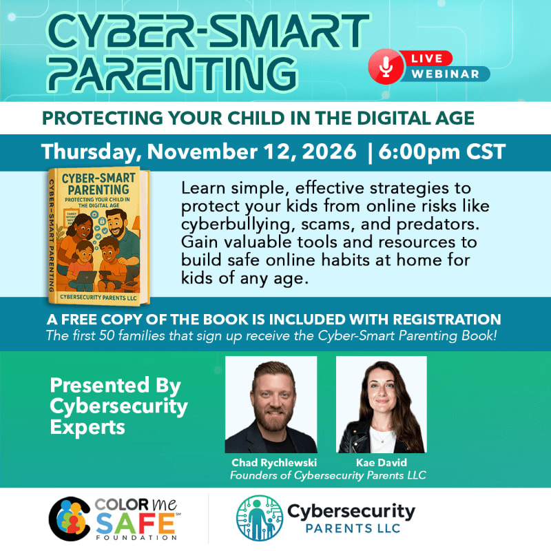 A promotional flyer for a "Cyber-Smart Parenting" webinar features event details and a book cover in the foreground against a light blue digital-themed background.