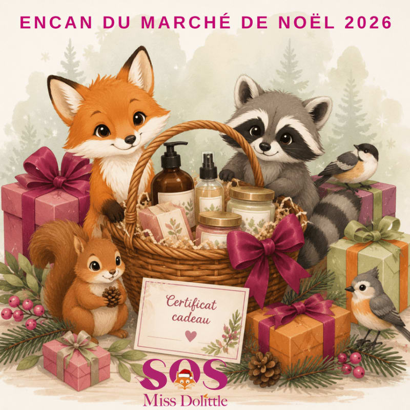 A fox, raccoon, and squirrel surround a gift basket and presents against a soft, snowy forest background.