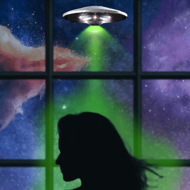 A silhouette of a woman stands in the foreground before a window, while a UFO beams green light down from a colorful, starry nebula in the background.