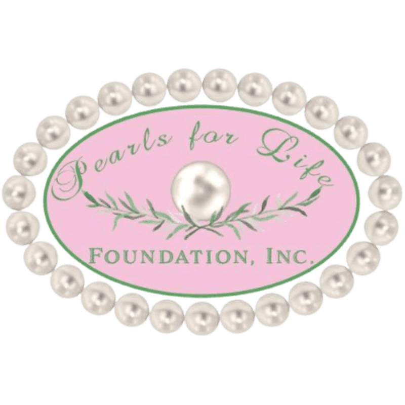 A pink oval containing the text "Pearls for Life FOUNDATION, INC." and a single pearl is encircled by a string of white pearls against a plain white background.