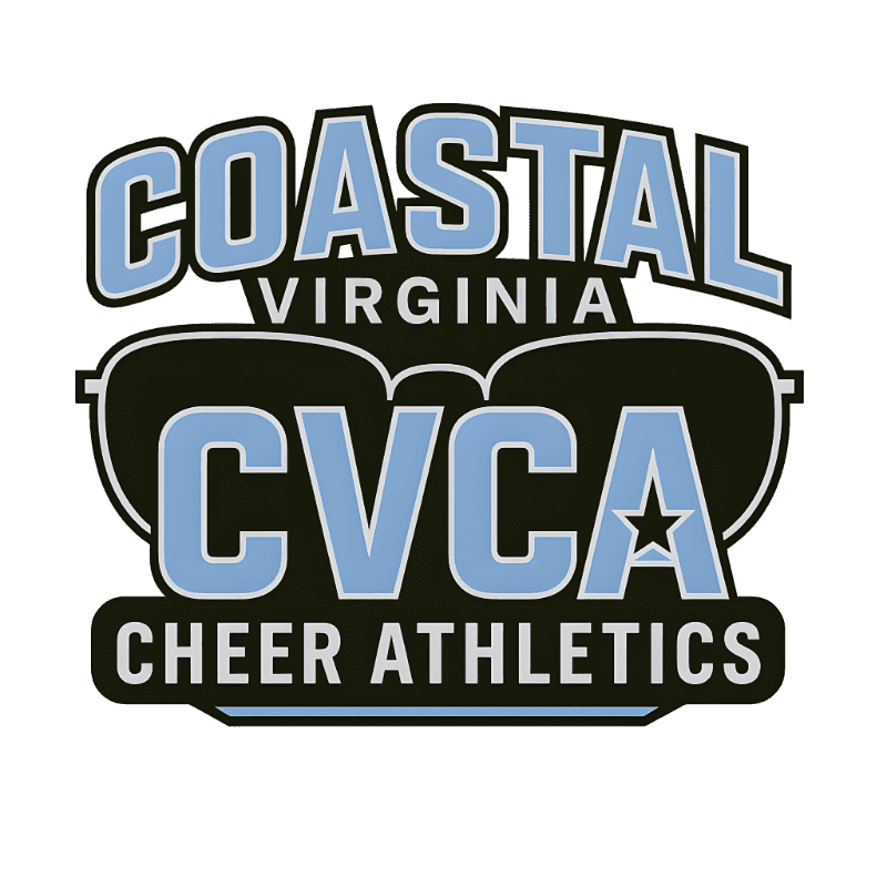 Light blue text reading "COASTAL VIRGINIA CVCA CHEER ATHLETICS" is displayed over a black silhouette of sunglasses on a white background.