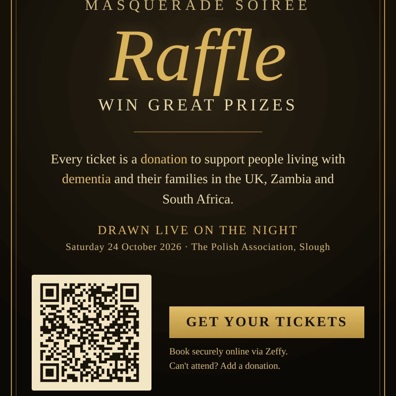 Gold and white text promoting a raffle for a Masquerade Soiree is centered against a dark brown background featuring a QR code and a "Get Your Tickets" button at the bottom.