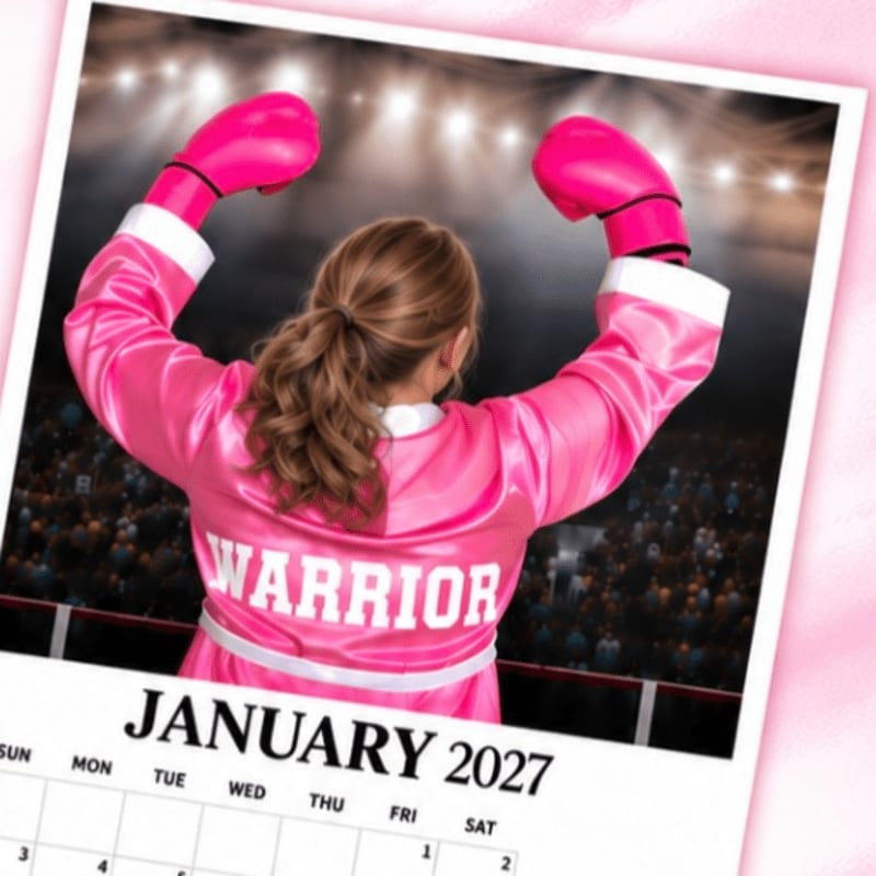 A woman in a pink boxing robe and gloves with "WARRIOR" on the back celebrates with raised arms in front of a cheering crowd in a stadium.