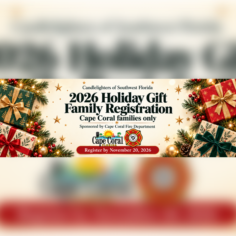 A holiday gift registration flyer for Cape Coral families features festive wrapped presents and greenery in the foreground against a light, neutral background.