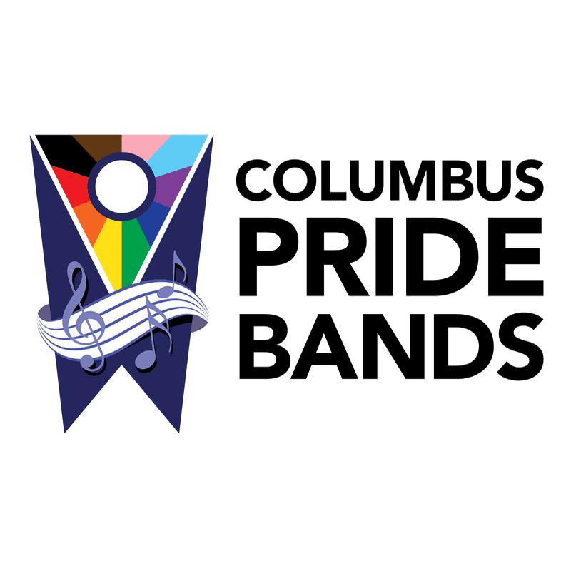 A navy blue banner with a rainbow-colored circle and musical notes in the foreground is next to the text "COLUMBUS PRIDE BANDS" on a white background.