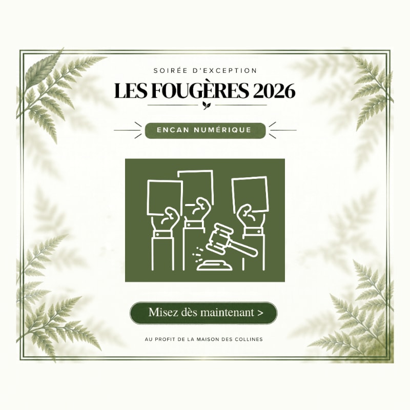 A central green graphic of an auction gavel and bidding paddles is set against a white background framed by delicate green fern leaves.
