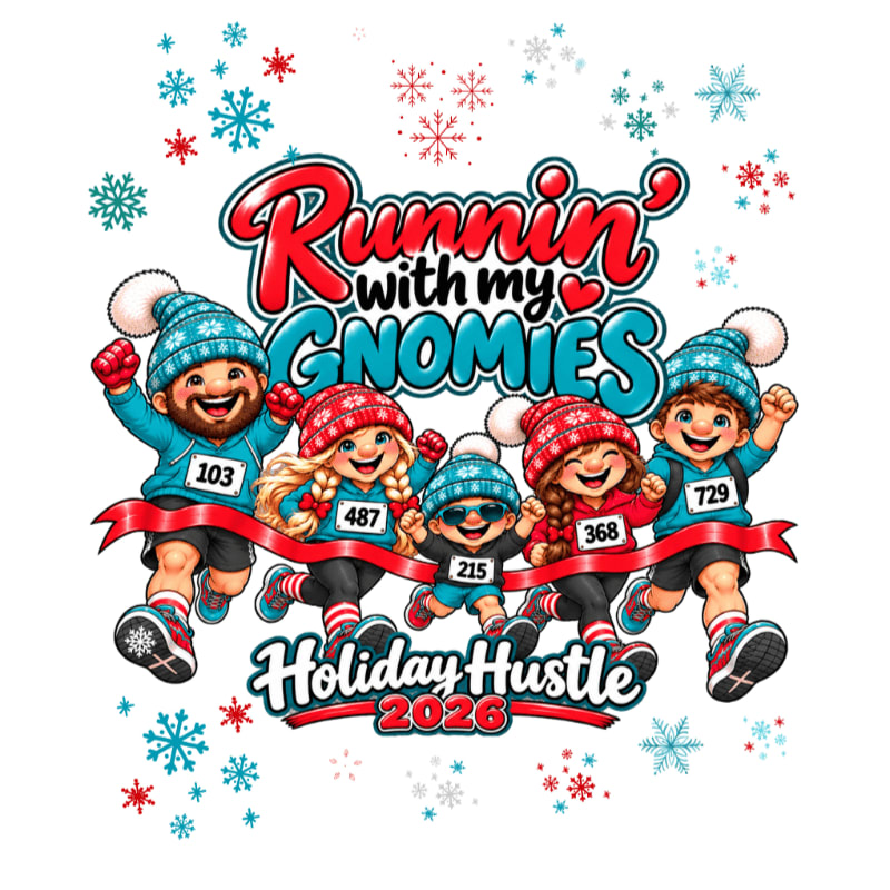 Four cheerful gnomes wearing winter gear and race bibs run across a white background decorated with colorful snowflakes and festive text.