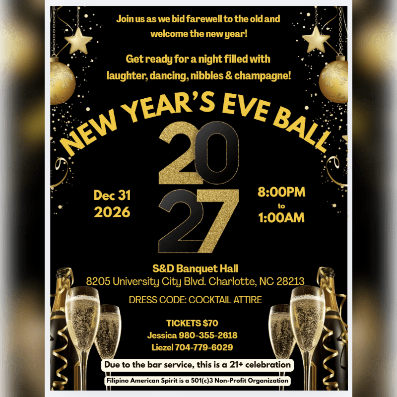 Gold and white text detailing a New Year's Eve Ball for 2027 is centered against a black background adorned with festive ornaments and champagne glasses.