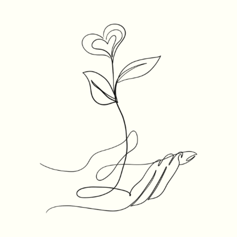 A single-line drawing of a hand cradling a small plant with a heart-shaped leaf against a plain, light-colored background.