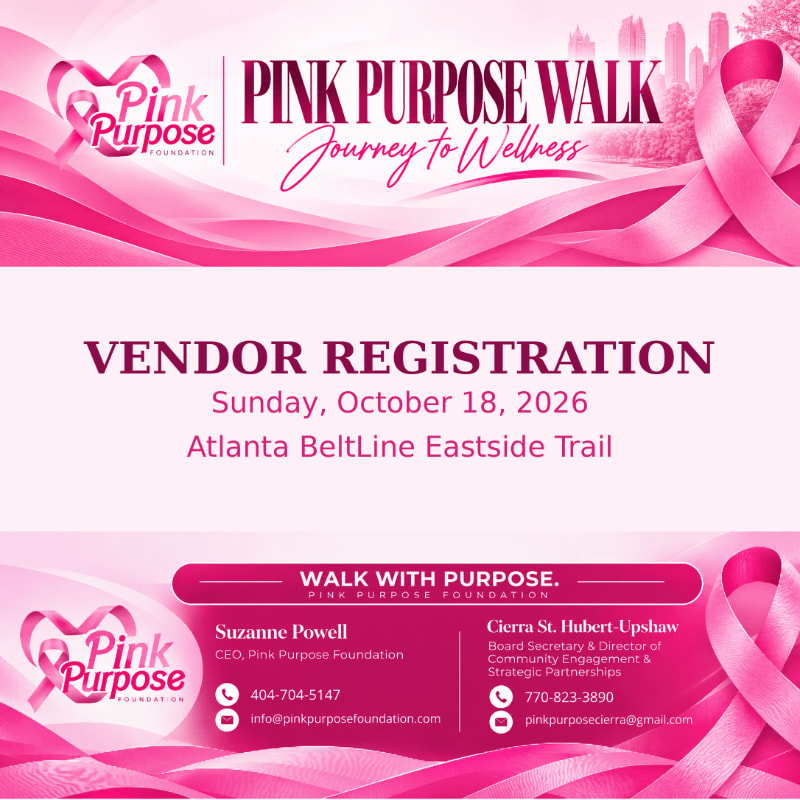 A pink and white promotional flyer for the Pink Purpose Walk vendor registration features event details in the center, flanked by pink ribbons and a city skyline in the background.