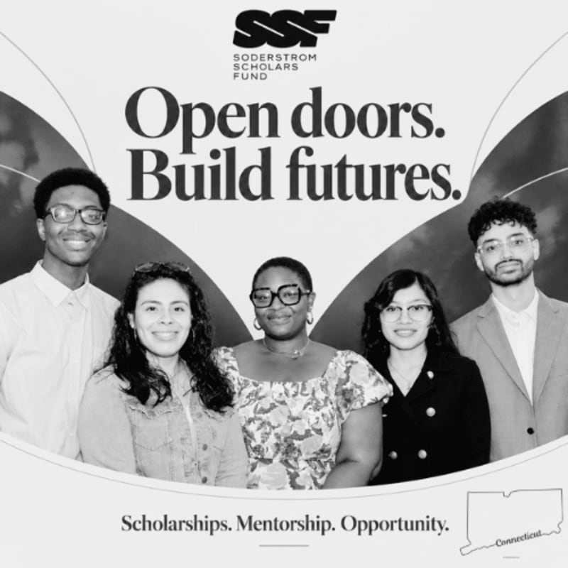 Five diverse students stand in the foreground against a white background featuring the Soderstrom Scholars Fund logo and the text "Open doors. Build futures."