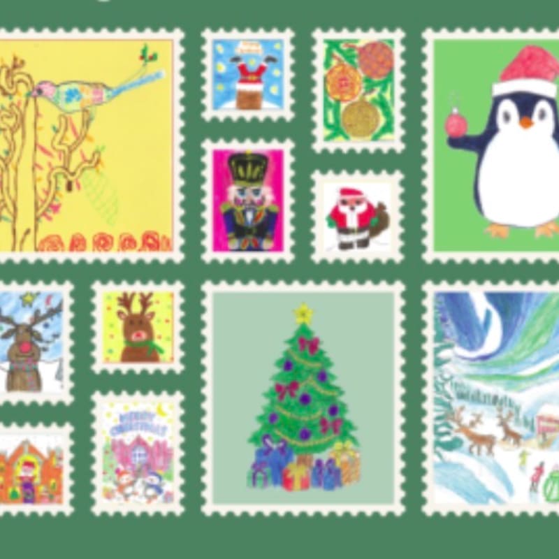 Various colorful, child-like Christmas drawings on stamps are arranged across a solid green background.