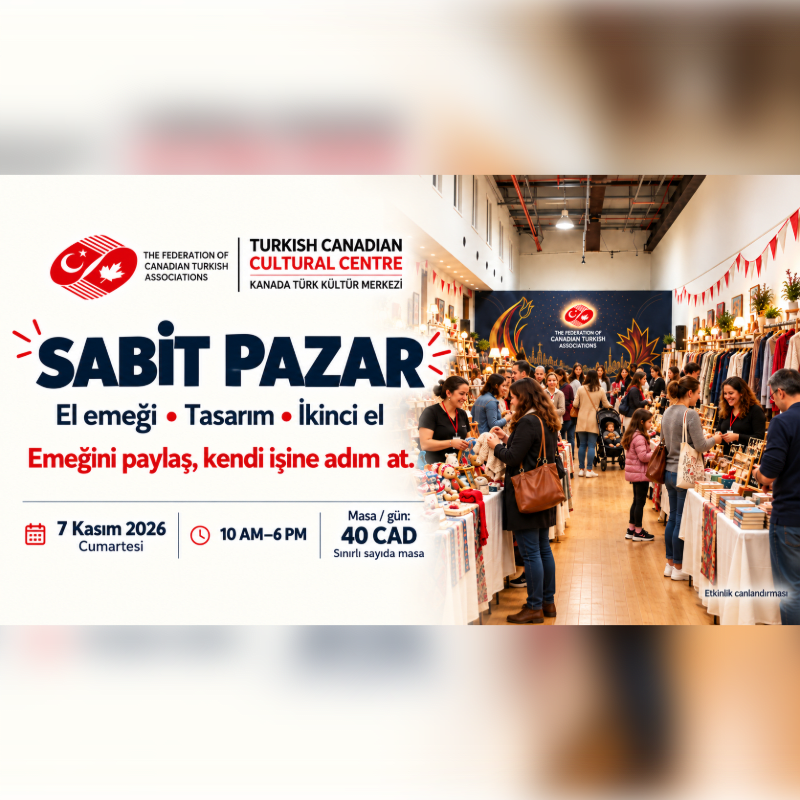 An event flyer for a "Sabit Pazar" market features promotional text and event details in the foreground, with a background photo of people shopping at a craft fair.