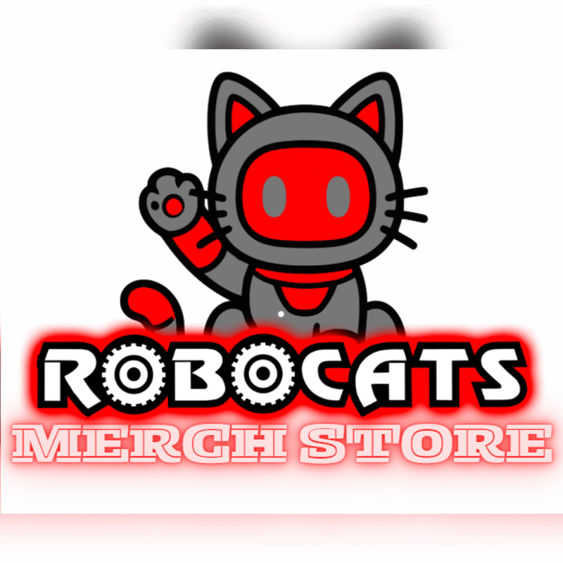 A grey robotic cat with a red face sits above the "ROBOCATS MERCH STORE" text against a plain white background.