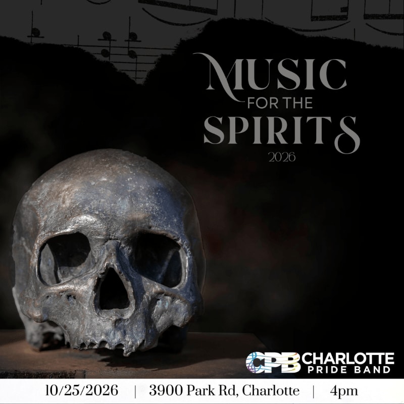 A weathered human skull sits in the foreground against a dark, smoky background featuring the text "MUSIC FOR THE SPIRITS 2026" and event details for the Charlotte Pride Band.