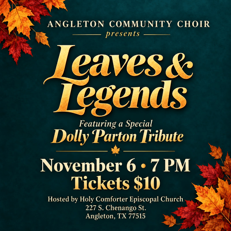 Gold and white text announcing a "Leaves & Legends" concert sits against a dark teal textured background framed by autumn leaves in the corners.
