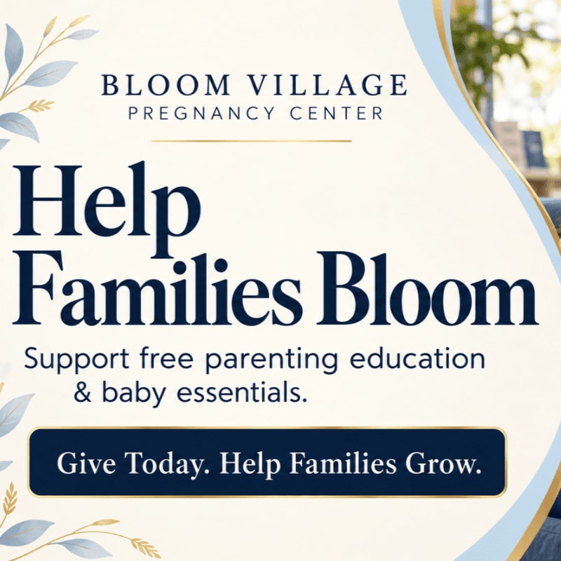 A promotional graphic for Bloom Village Pregnancy Center features bold blue text and a call to action button over a light cream background with soft floral accents and a blurred outdoor scene in the upper right corner.
