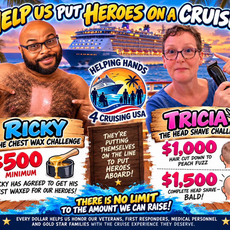 A man and a woman pose for a fundraising flyer in the foreground, with a large cruise ship docked at a port in the background.