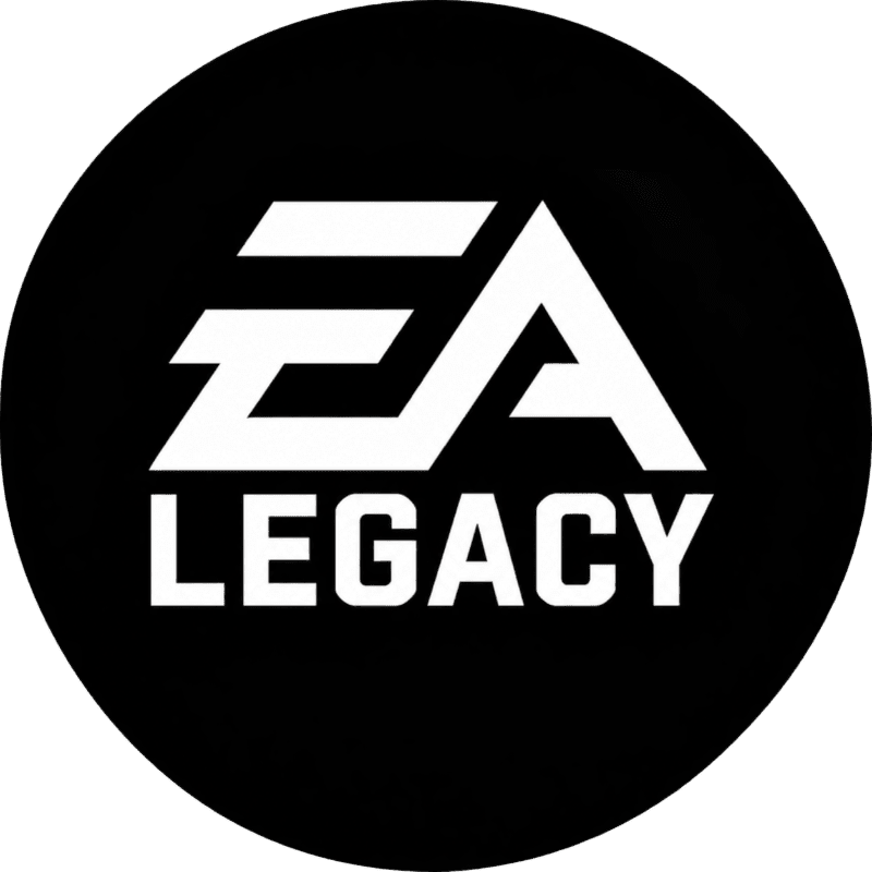 A white EA logo and the word "LEGACY" are centered on a solid black circular background.