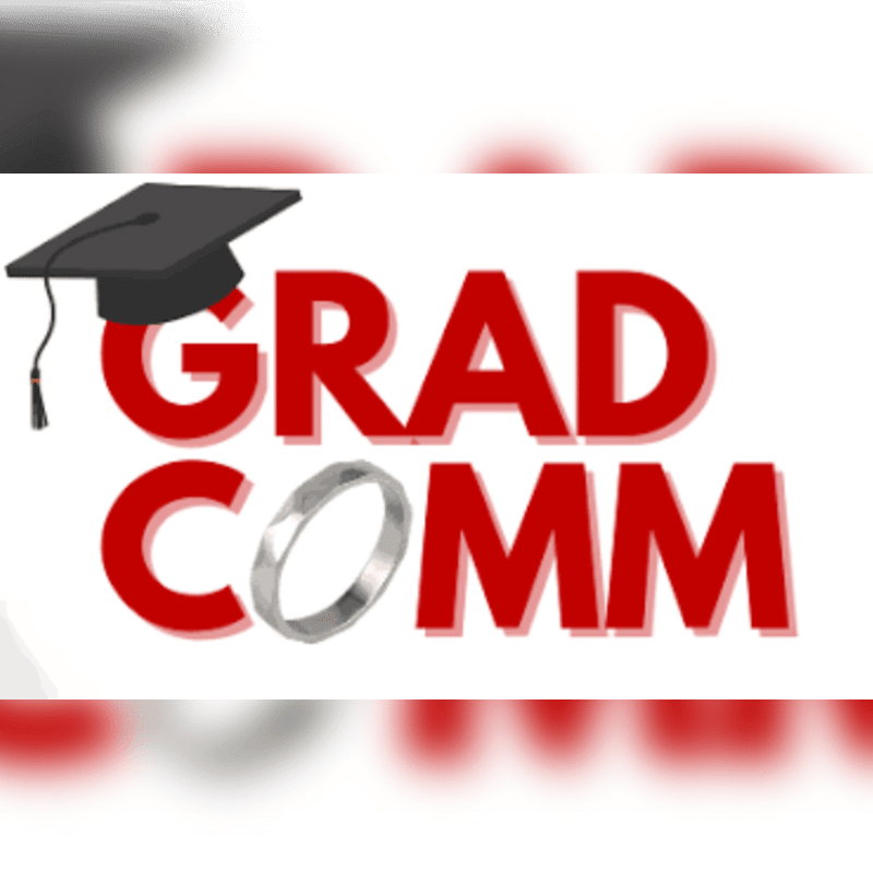 A black graduation cap and a silver ring surround the red text "GRAD COMM" against a plain white background.