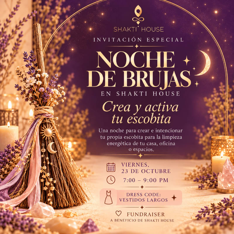 A decorative witch's broom with lavender and crystals sits in the foreground against a magical, purple-hued background featuring an event invitation for "Noche de Brujas."