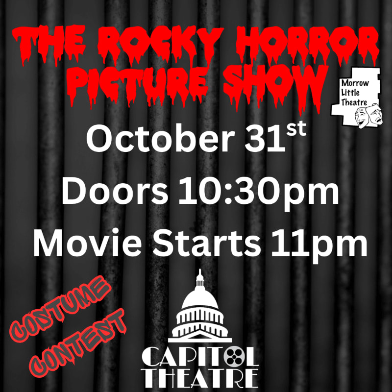 Red and white event text for "The Rocky Horror Picture Show" is layered over a background of dark, vertical metal bars.