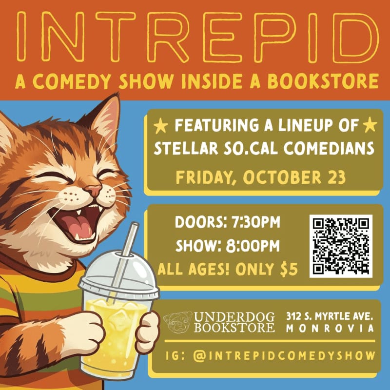 A laughing tabby cat holding a drink is in the foreground of a promotional flyer with orange and blue backgrounds containing event details for a comedy show.