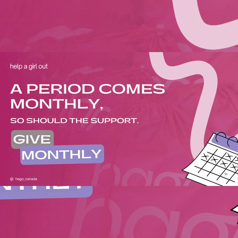 White and purple text promoting monthly donations for menstrual support sits in the foreground over a pink background featuring a calendar and abstract shapes.