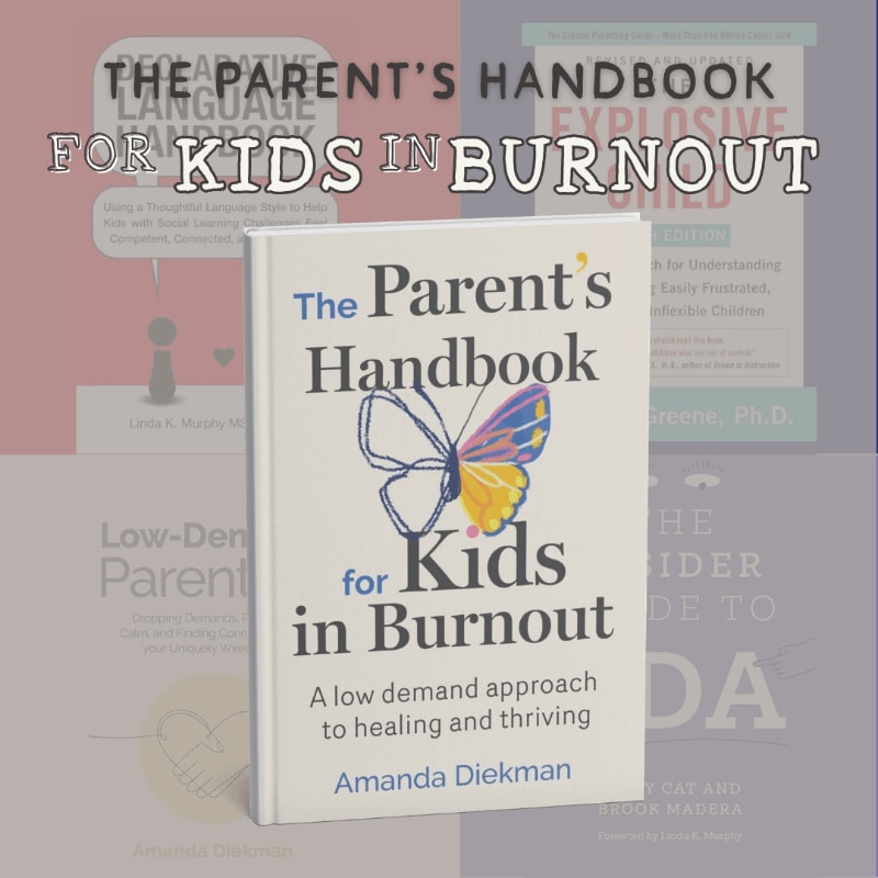 A white book titled "The Parent's Handbook for Kids in Burnout" stands in the foreground against a background of several other blurred book covers.