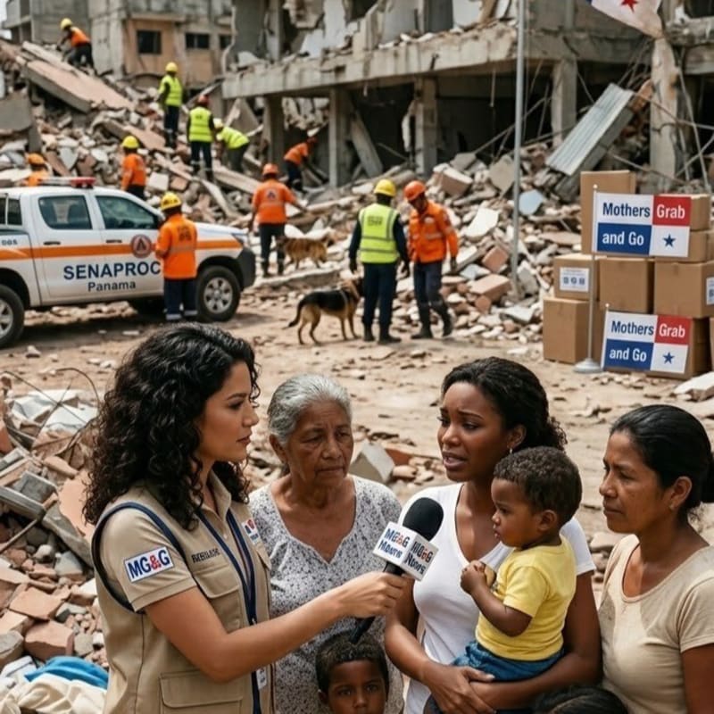 A reporter interviews a group of distressed women and a child in the foreground, while rescue workers and a search dog operate amidst rubble and a white emergency vehicle in the background.