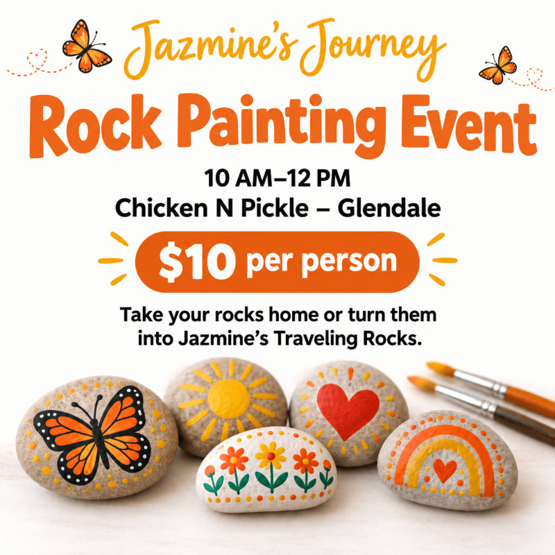 Painted rocks and paintbrushes sit in the foreground against a white background featuring text for a rock painting event.
