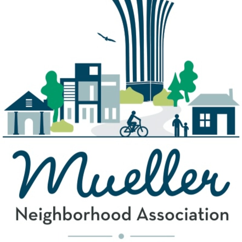 A stylized neighborhood scene with houses, trees, and people in the foreground sits above the text "Mueller Neighborhood Association," all set against a background featuring a tall, striped architectural structure and a flying bird.