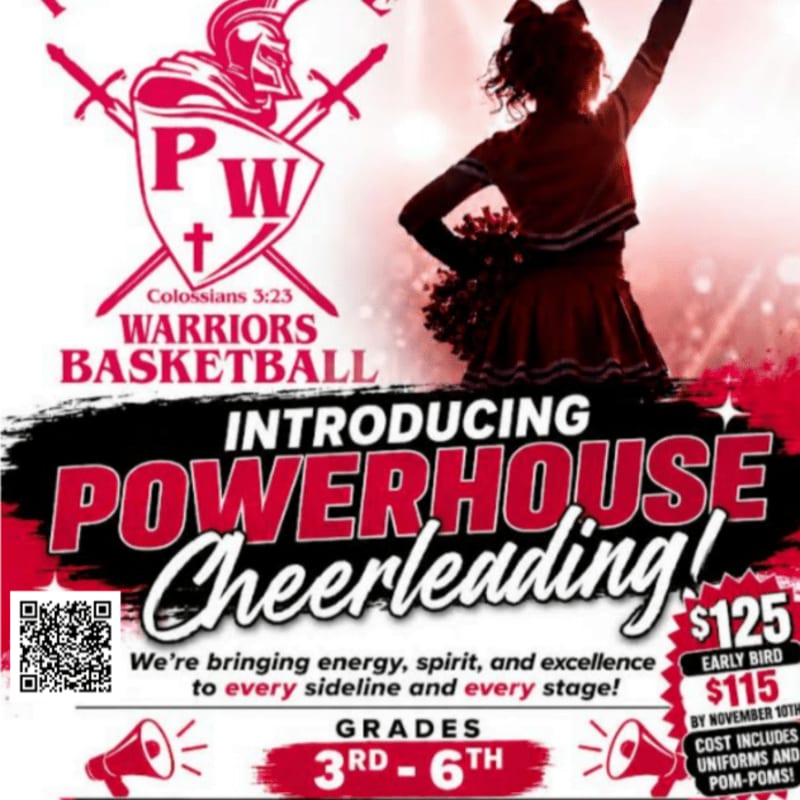 A basketball advertisement with text and a QR code in the foreground set against a background of bright stadium lights and a basketball hoop.