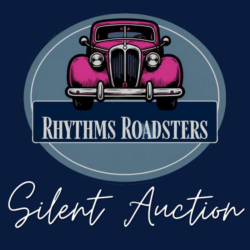A pink vintage car and the text "RhythYMS ROADSTERS" are centered within a light blue circle against a dark blue background with "Silent Auction" written in white script below.